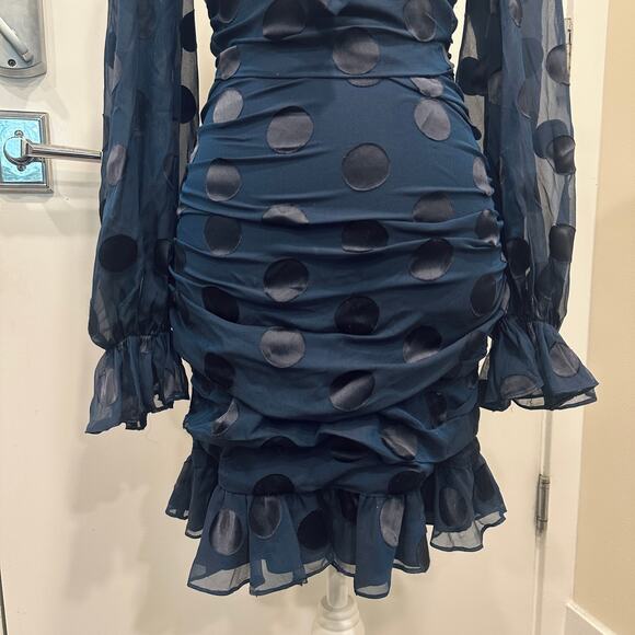 For Love & Lemons Lula Mini Dress Navy Polka Dot Ruched Chiffon Silk Party XS - Picture 5 of 10